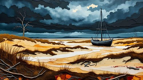 small sailing boat in the dunes