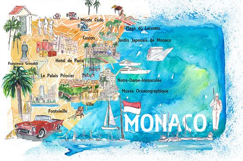 Monaco Monte Carlo Illustrierte Karte mit Sehenswürdigkeiten und Highlights