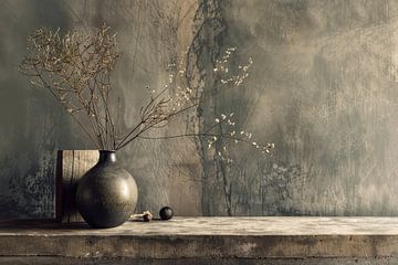 Betonplatte mit einer Vase mit Blumen Stillleben einfach von Digitale Schilderijen