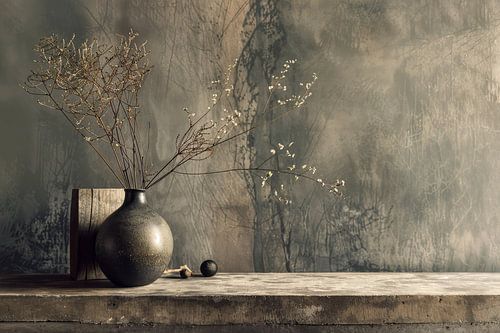 Beton blad met een vlaas met bloemen stilleven simpel