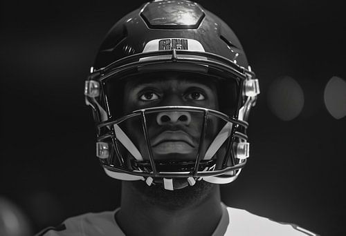 Helmeted athlete, steely gaze