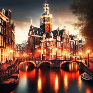 Amsterdam am Abend mit der Zuiderkerk AI