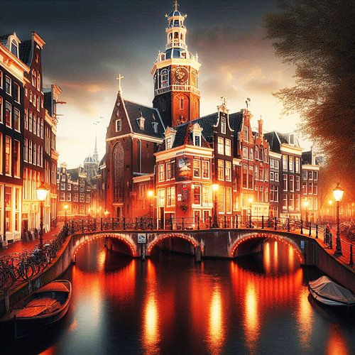 Amsterdam in de avond met de Zuiderkerk AI