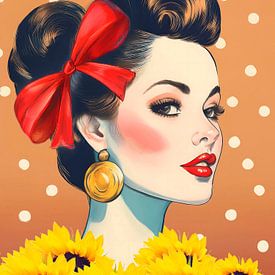Retro-Collage Porträt einer Frau mit Sonnenblumen von Studio Pieternel