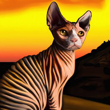 Portrait d'un chat Sphynx rayé au coucher du soleil sur Maud De Vries