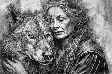 De oude vrouw en de wolf a.k.a. The Wolfwoman (kunst) van Art by Jeronimo