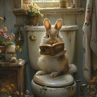 Merveilleux lapin aux toilettes lisant un livre