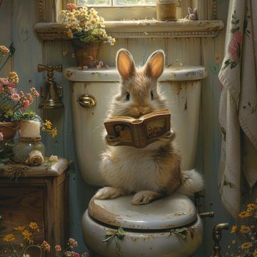 Wunderliches Kaninchen auf der Toilette, das ein Buch liest von Felix Brönnimann