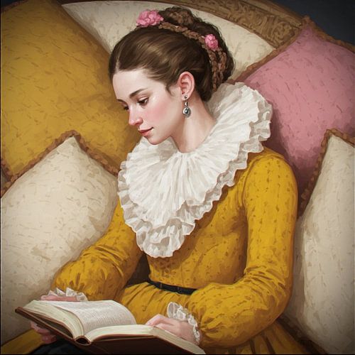 Een jonge vrouw met grote brocante witte kraag en gele jurk die een boek leest .