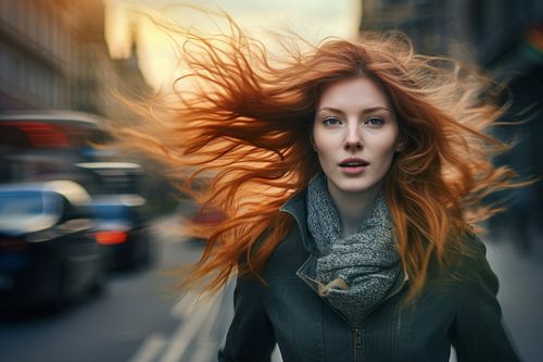 Portrait of a young woman in a busy city
