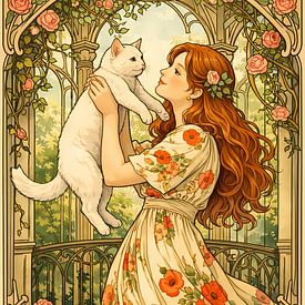 Woman with cat Art Nouveau by Linda de Klein