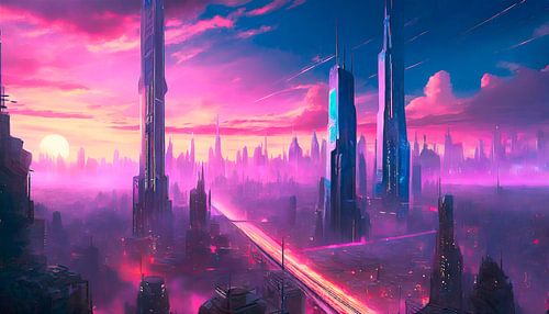 Retro zonsondergang met stad