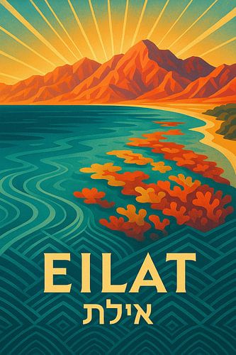 Eilat Vintage Reisposter - Rode Zee Koraalrif & Woestijn Bergen