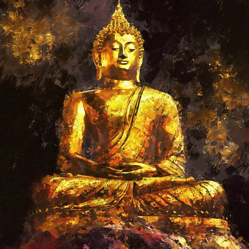 Buddha sitting in meditation pose, gold-coloured