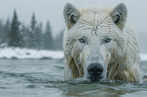 Witte Wolf in Water