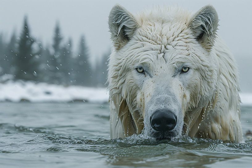 Witte Wolf in Water van Art & Soul Creations