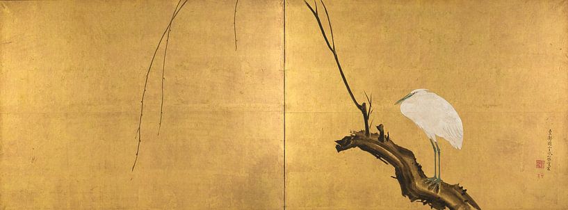 Maruyama Okyo - Héron sur une branche de saule par 1000 Schilderijen