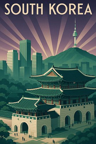 South Korea Art Deco Poster – Seoul Skyline and Gyeongbokgung Palace