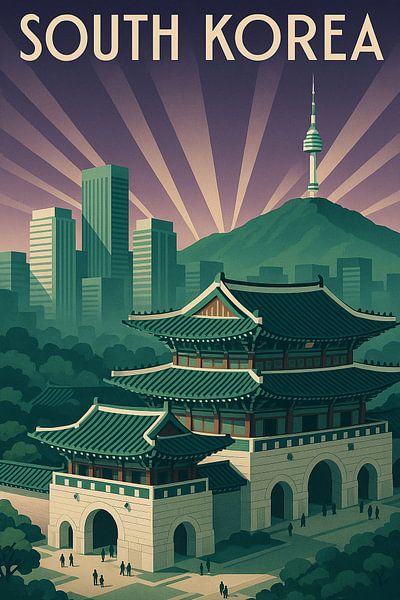 Affiche Art déco de Corée du Sud - Vue de Séoul et palais de Gyeongbokgung par Travel Shop