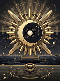 Hemelse zon en maan, zonsverduistering, heilige geometrie, art deco, kosmische grafische illustratie van The Deeper Way