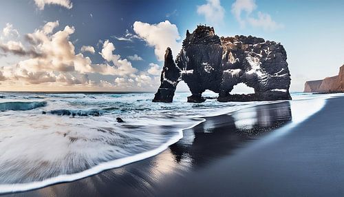 Zwart strand met rotsen in zee