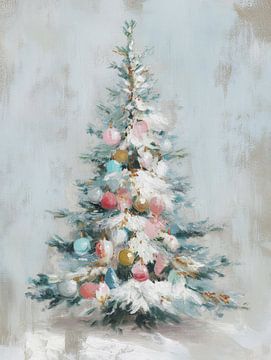 Arbre de Noël en neige pastel avec des coups de pinceau doux et des ornements colorés sur But First Framing
