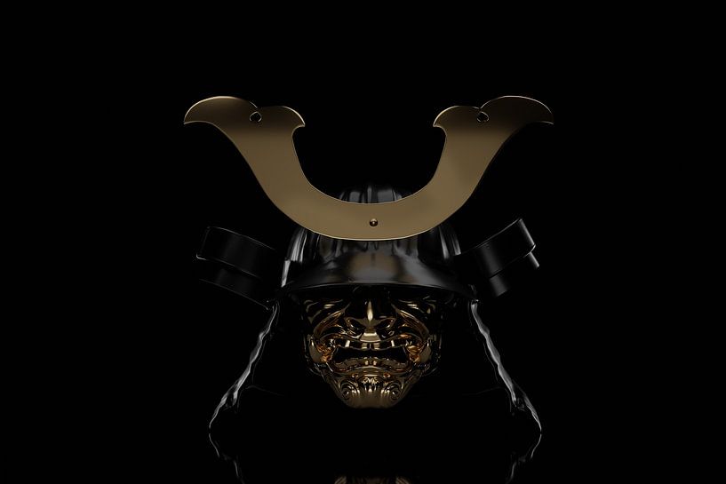 Ancient samurai helmet with maedate decoration in subdued light by Besa Art