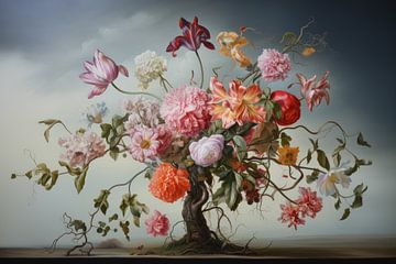 Still life tree with flowers by Digitale Schilderijen