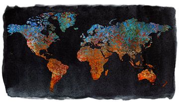 Wereldkaart van roest | metaal en aquarel met aquarelkader van Wereldkaarten.Shop