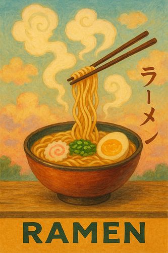 Anime stijl Ramen Poster - Japanse Noodle Bowl aquarel kunst
