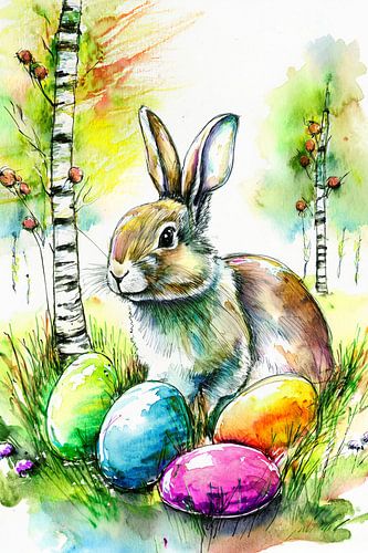 Lapin de Pâques avec des œufs de Pâques colorés dans l'herbe avec des bouleaux