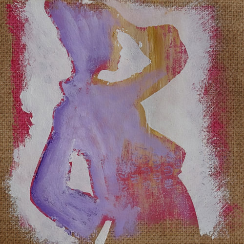 Silhouette einer Frau in Lila, Rosa, Ocker und Weiß – Art-Journal-Seite, Acrylfarbe auf Jute
