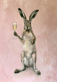 Lapin tenant une coupe de champagne sur fond rose sur Niklas Maximilian