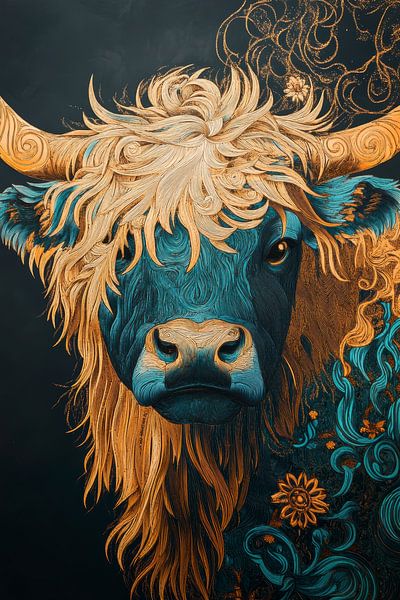 Artful Scottish Highlander with Twisted Hair Details by Digitale Schilderijen