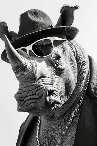 Neushoorn met hoed en zonnebril, zwart en wit