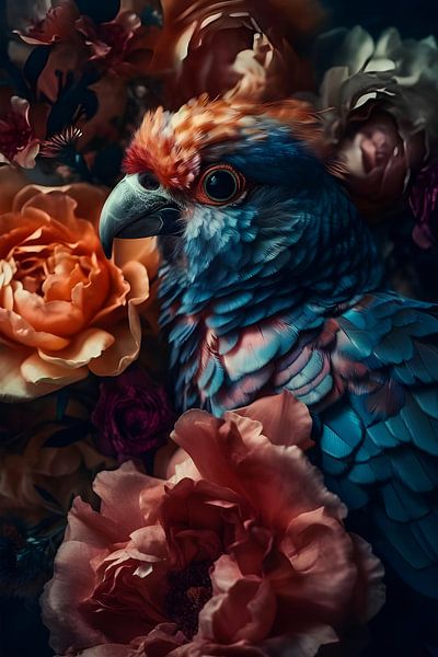 Bird among colourful flowers by But First Framing