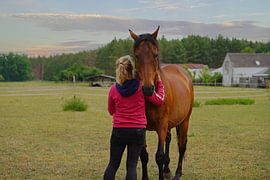 Trakehner Feldmeyer mit Besitzerin  auf der Weide