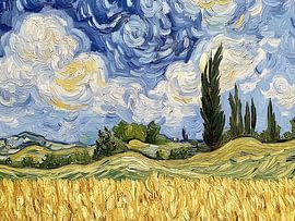 Field with cypress trees. Style Vincent van Gogh