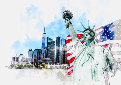 Aquarellmalerei Illustration der Freiheitsstatue mit einer großen amerikanischen Flagge und New York Skyline im Hintergrund