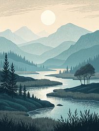 Twilight Serenity: A Majestic River Winding Through Verdant Valleys Under a Pale Moon by Artistic