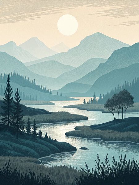La sérénité du crépuscule : Une rivière majestueuse serpentant à travers des vallées verdoyantes sous une lune pâle par Artistic