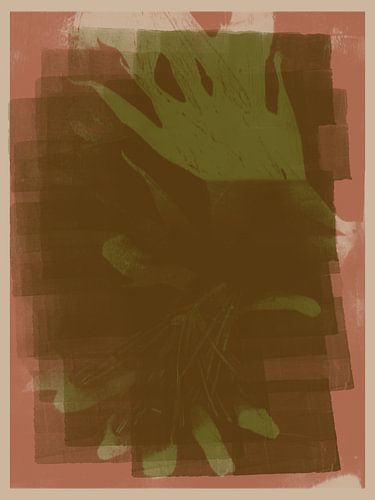 Olijfgroen, roze terra en beige. Organische vormen.