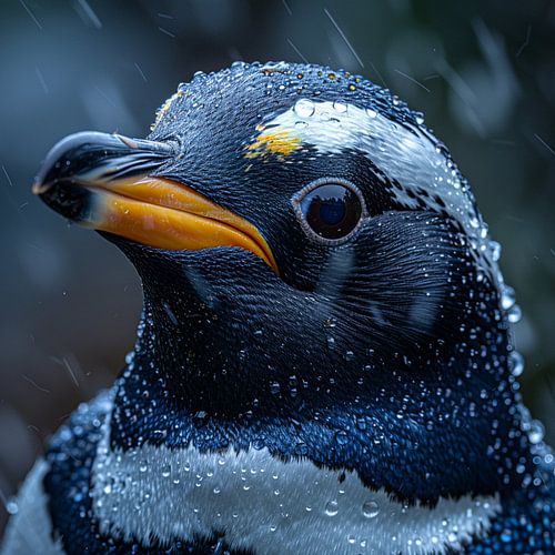 Close-up van een pinguïn met regendruppels op zijn kop