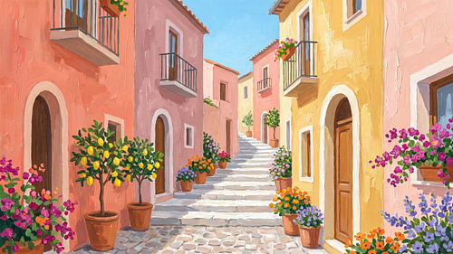 Blick auf eine sonnenbeschienene, mediterrane, rosafarbene Dorftreppe