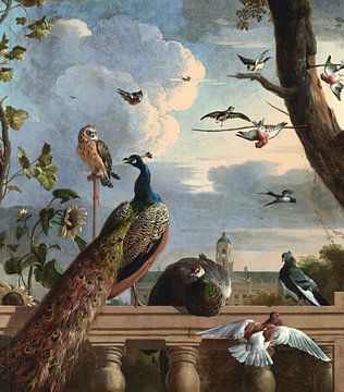 Vögel in der Nähe einer Balustrade, Melchior d' Hondecoeter