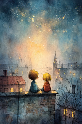 Two Children under the Stars - Nostalgic Painting
