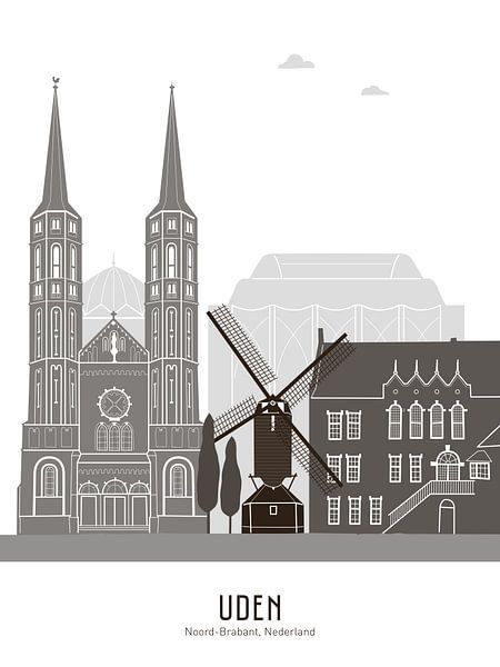 Illustration de la ligne d'horizon d'Uden en noir et blanc-gris par Mevrouw Emmer