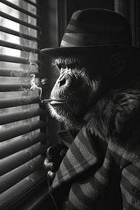 Gedankenverlorener Affe mit Hut Raucht Zigarette, Kunstbild von Felix Brönnimann