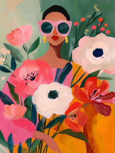 Frau mit großen Blumen: farbenfrohe und mutige Illustration in einer fröhlichen Farbpalette