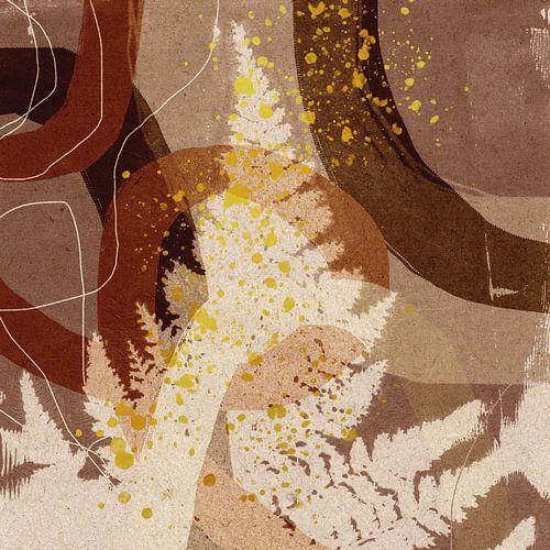 Abstracte retro botanische bladeren in bruin, roest, omber, goud, zwart